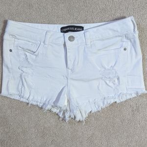 Express White Denim Mid-Rise Distressed Shorts
